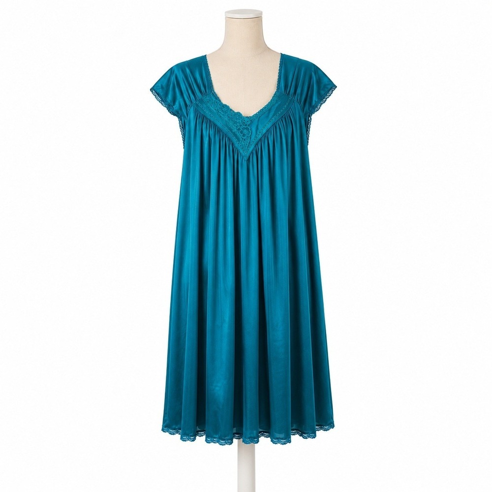 Vintage 80s Vanity Fair Satin Lace Trim Babydoll Dress Size XL Blue Nightgown - Picture 1 of 9